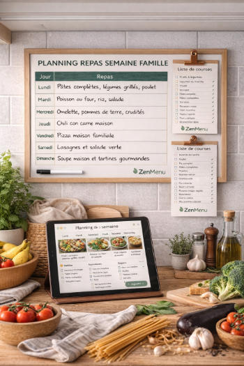 Planning repas semaine famille avec ZenMenu dans une cuisine familiale moderne