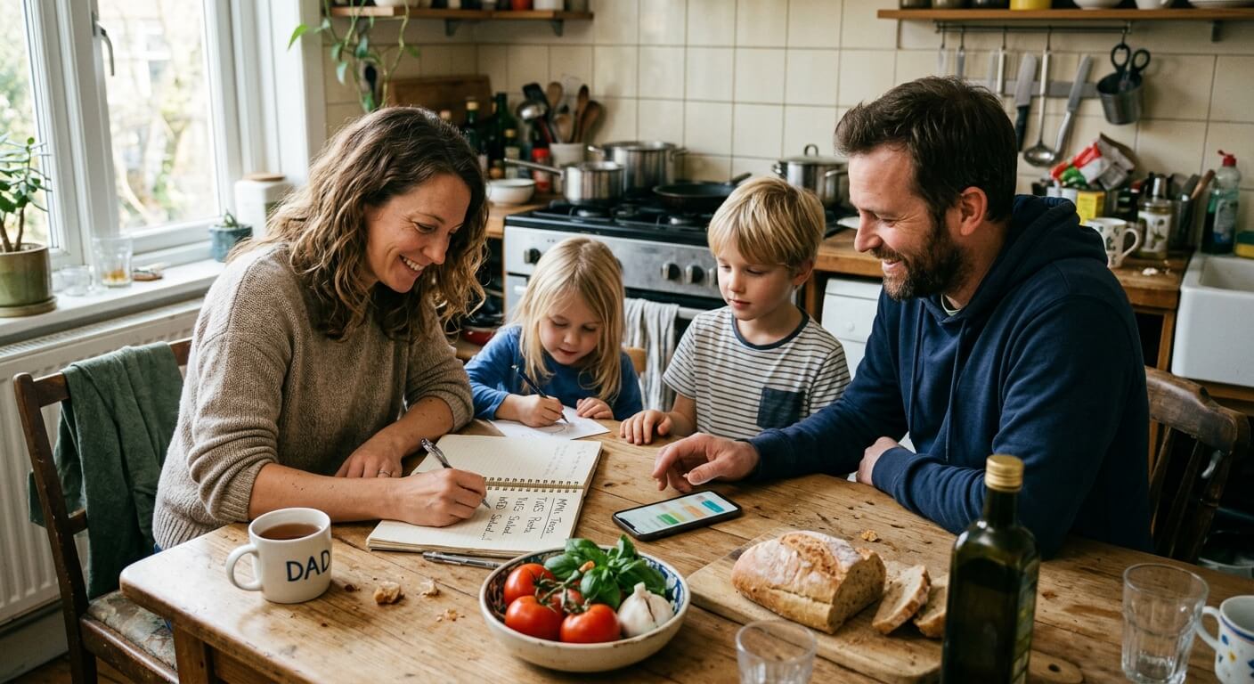 Famille organisant ses repas de la semaine avec un planificateur repas semaine