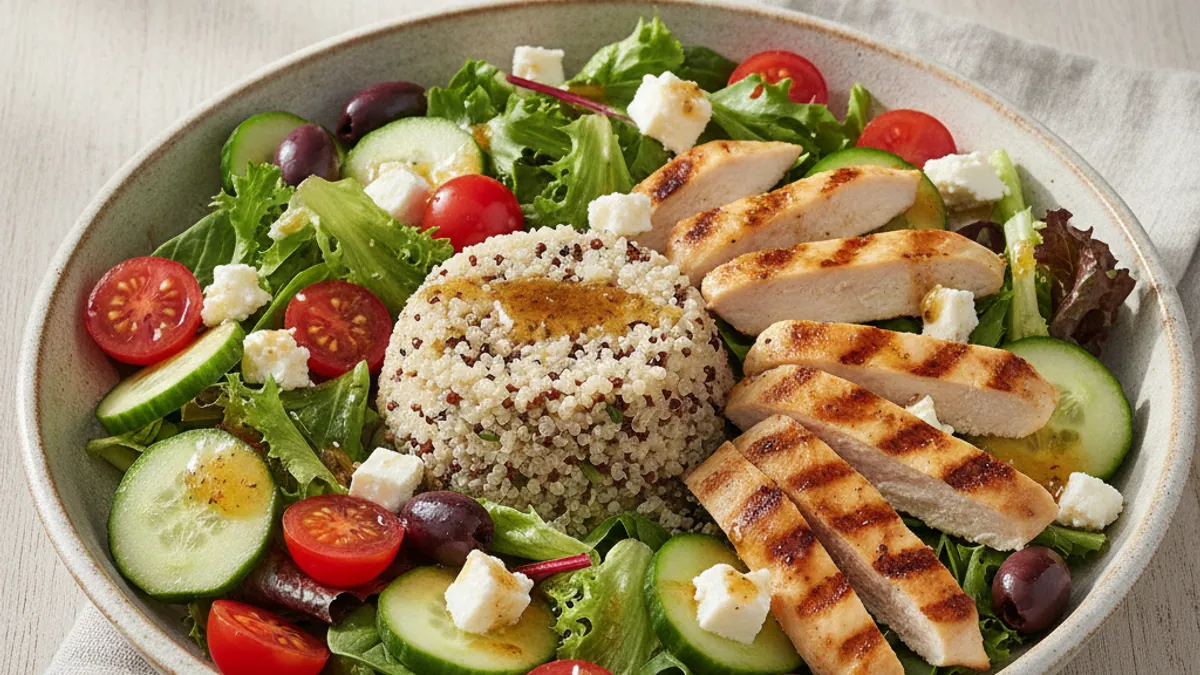 Salade composée d'été avec légumes frais et quinoa, recette de batch cooking