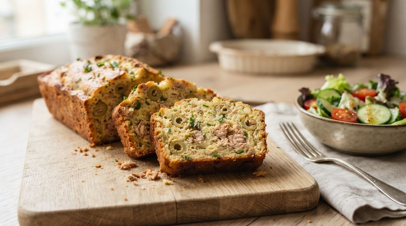 Cake au thon et olives moelleux servi avec une salade