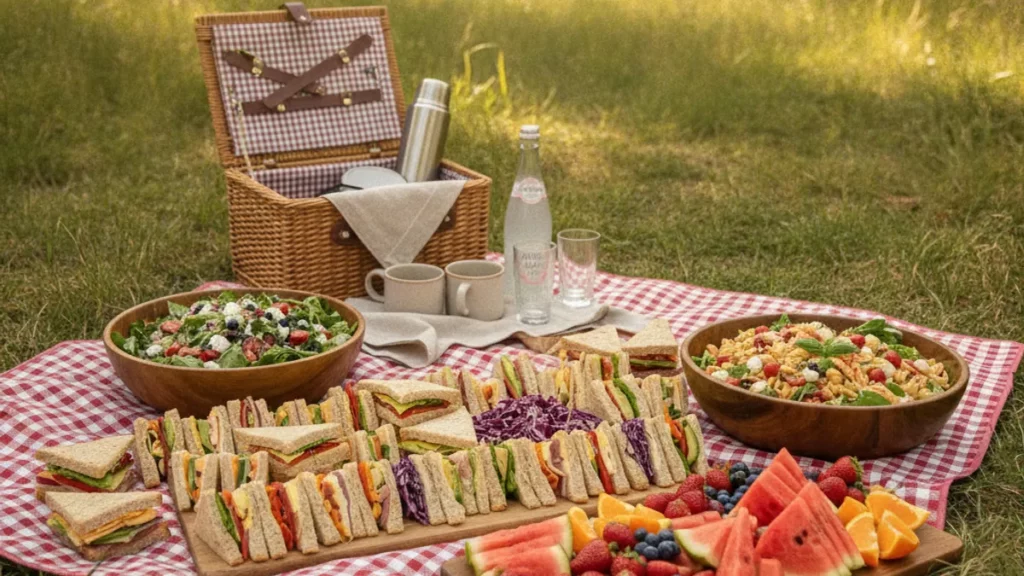 Menu pique-nique familial avec sandwiches, salades et fruits en été