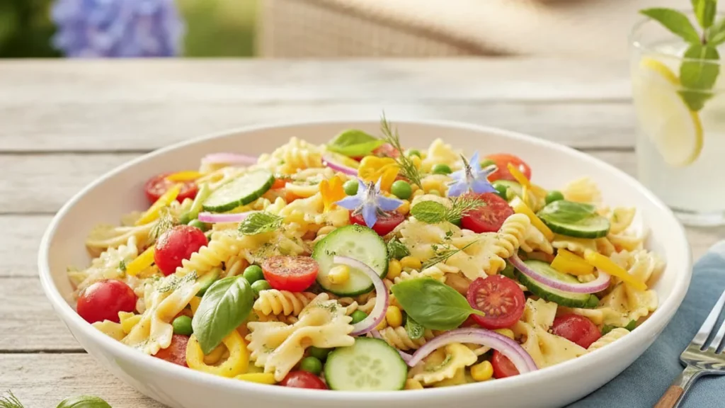 salade de pâtes estivale colorée avec légumes de saison, recette économique