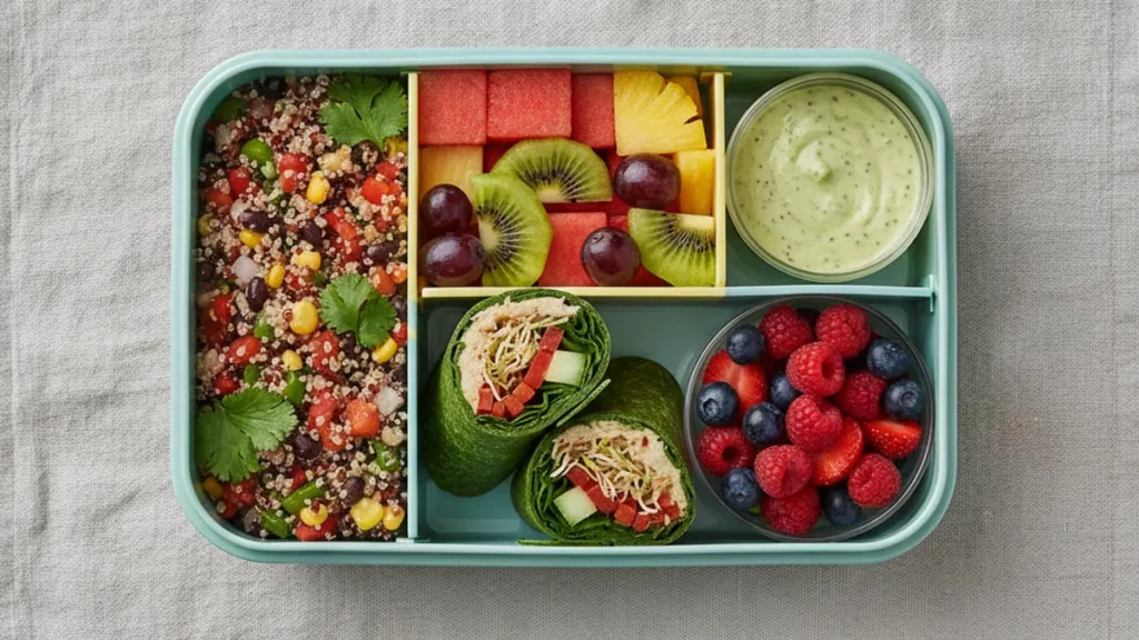 Lunchbox végétale colorée avec salades et fruits, idéale pour la rentrée