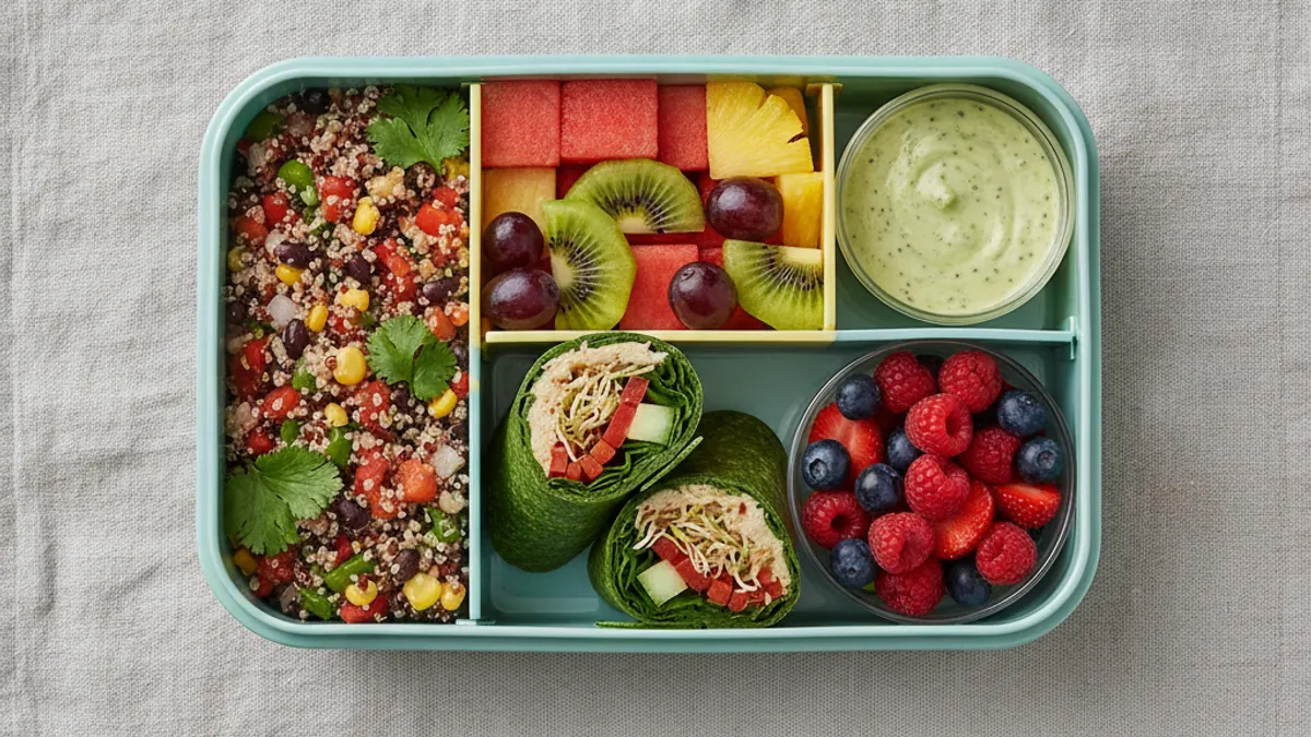 Lunchbox végétale colorée avec salades et fruits, idéale pour la rentrée