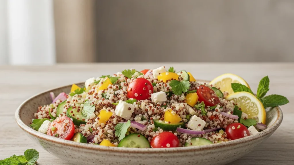Salade de quinoa colorée avec légumes frais, recette sans cuisson d'été