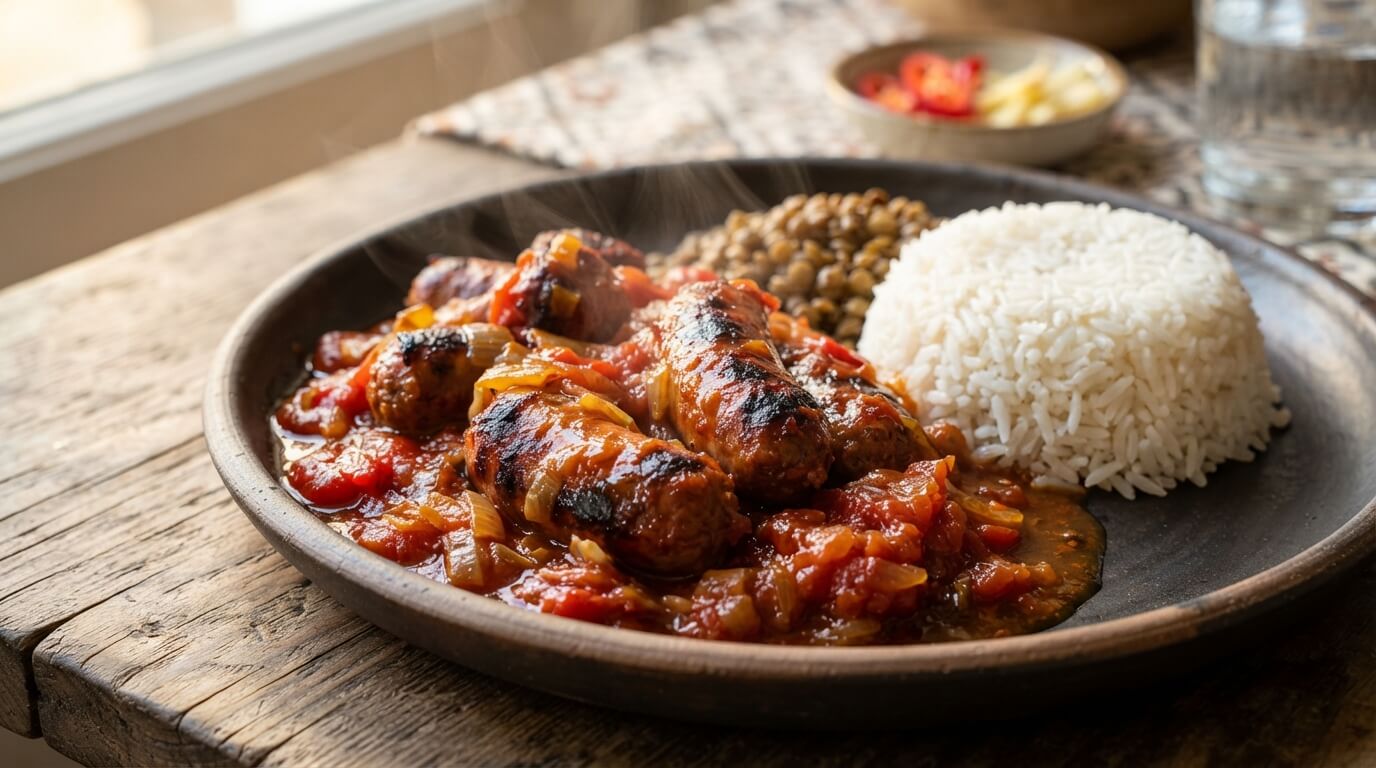 Rougail saucisse traditionnel réunionnais servi avec du riz