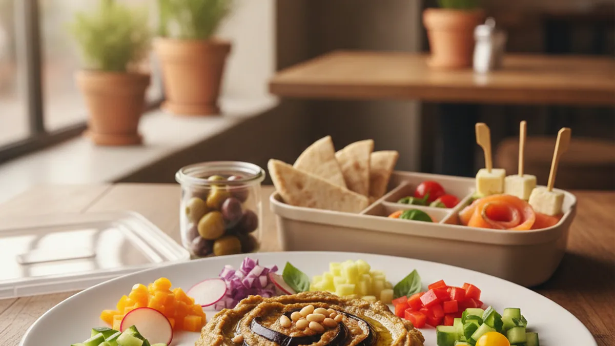 Lunchbox rentrée avec caviar d'aubergine et légumes frais