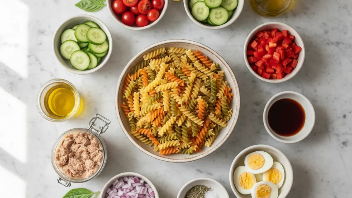 Salade de pâtes économique avec légumes frais et ingrédients variés