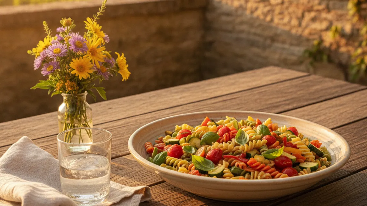 Salade de pâtes aux légumes de septembre avec courgette, tomate et poivron