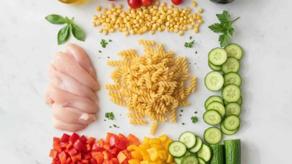 Salade de pâtes au poulet avec légumes frais, idéale pour meal prep