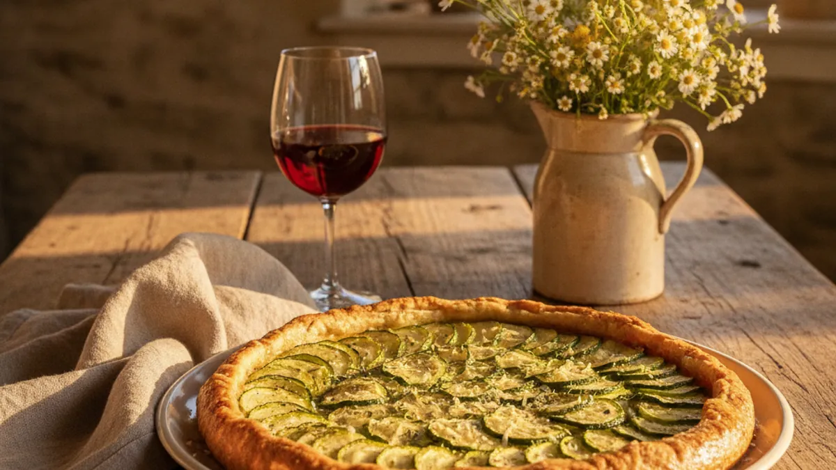 Tarte rustique aux courgettes sur une table rustique, recette familiale