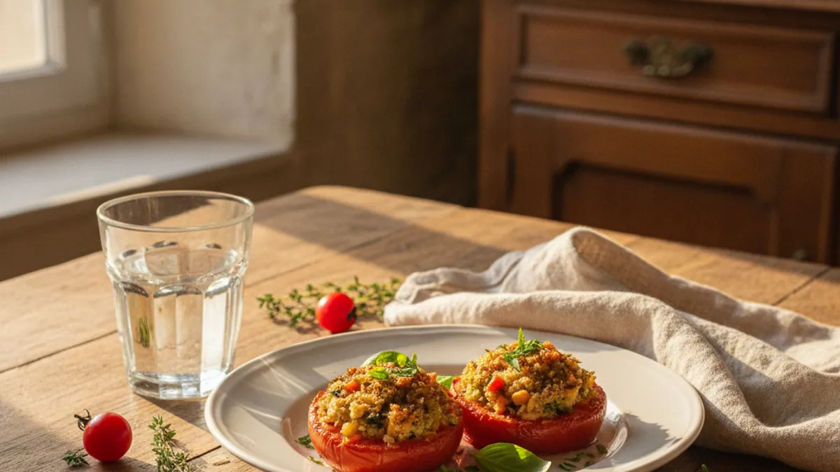 Tomates farcies végétariennes sur une table rustique, recette économique et familiale