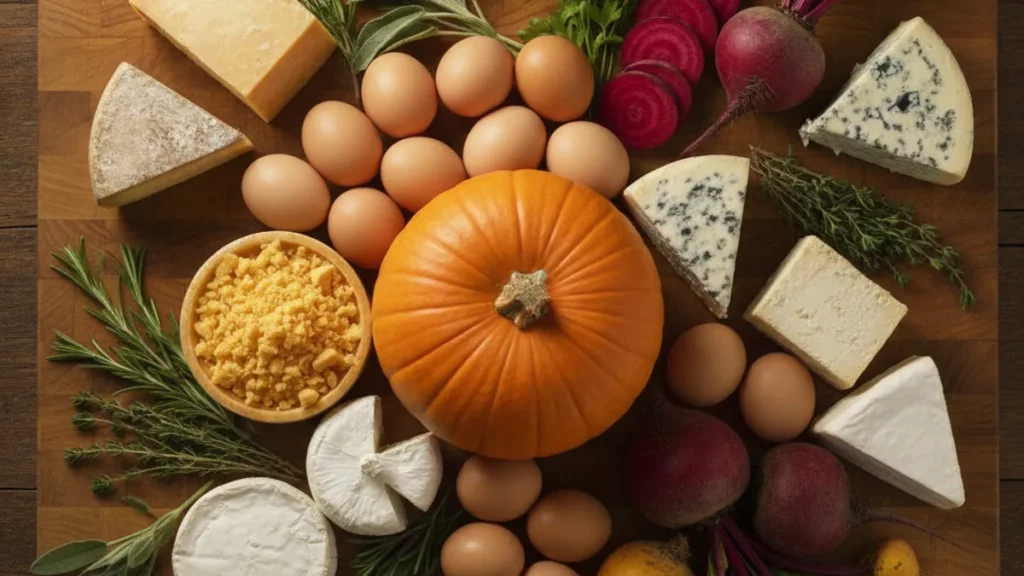 Mise en place d'un buffet automnal avec des ingrédients frais et colorés